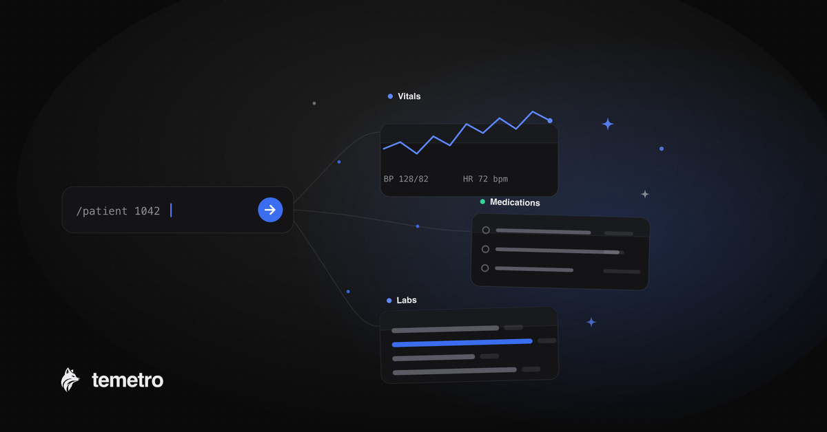 temetro's AI chat turning a plain-language question into organized patient record cards for vitals, medications, and labs