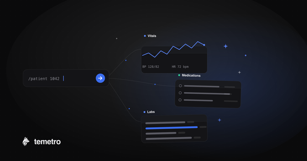 temetro's AI chat turning a plain-language question into organized patient record cards for vitals, medications, and labs
